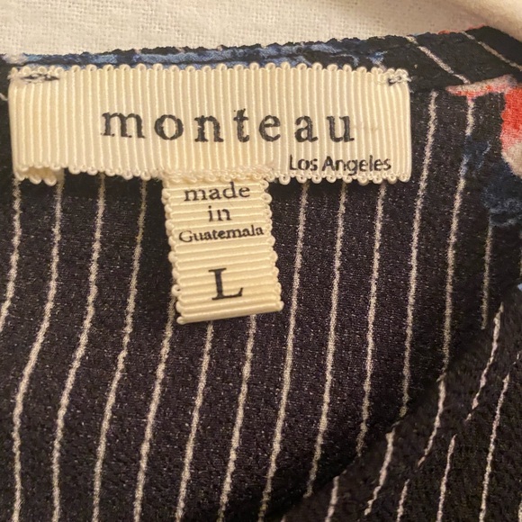 Monteau Black and White Striped Floral Blouse with Button Back and Tie on front - Picture 3 of 3